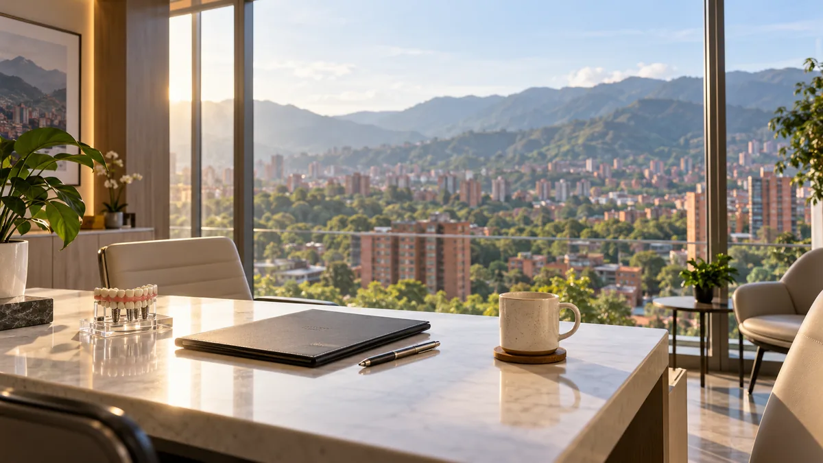 A bright consultation room with a full arch implant model on a marble desk, overlooking Medellin at sunrise