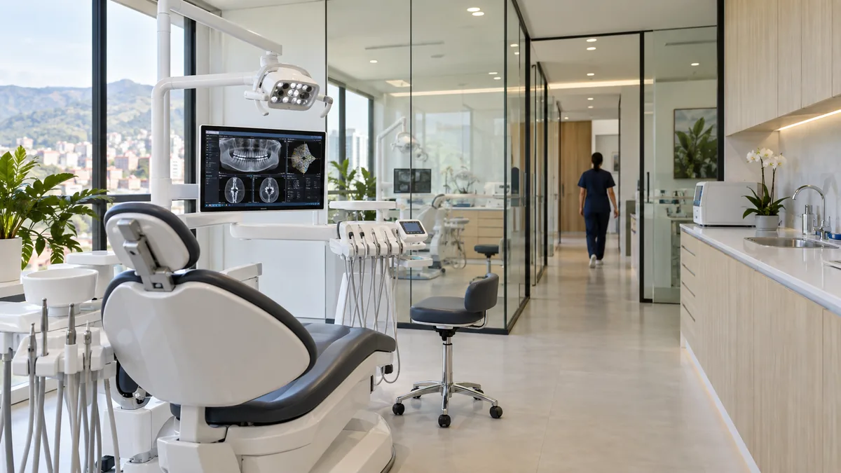 A modern dental operatory with digital imaging screens and floor to ceiling windows overlooking green hills