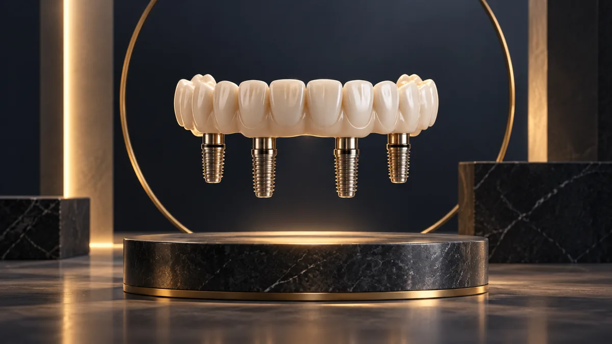 A full arch implant prosthesis displayed on a dark plinth with a gold ring backdrop