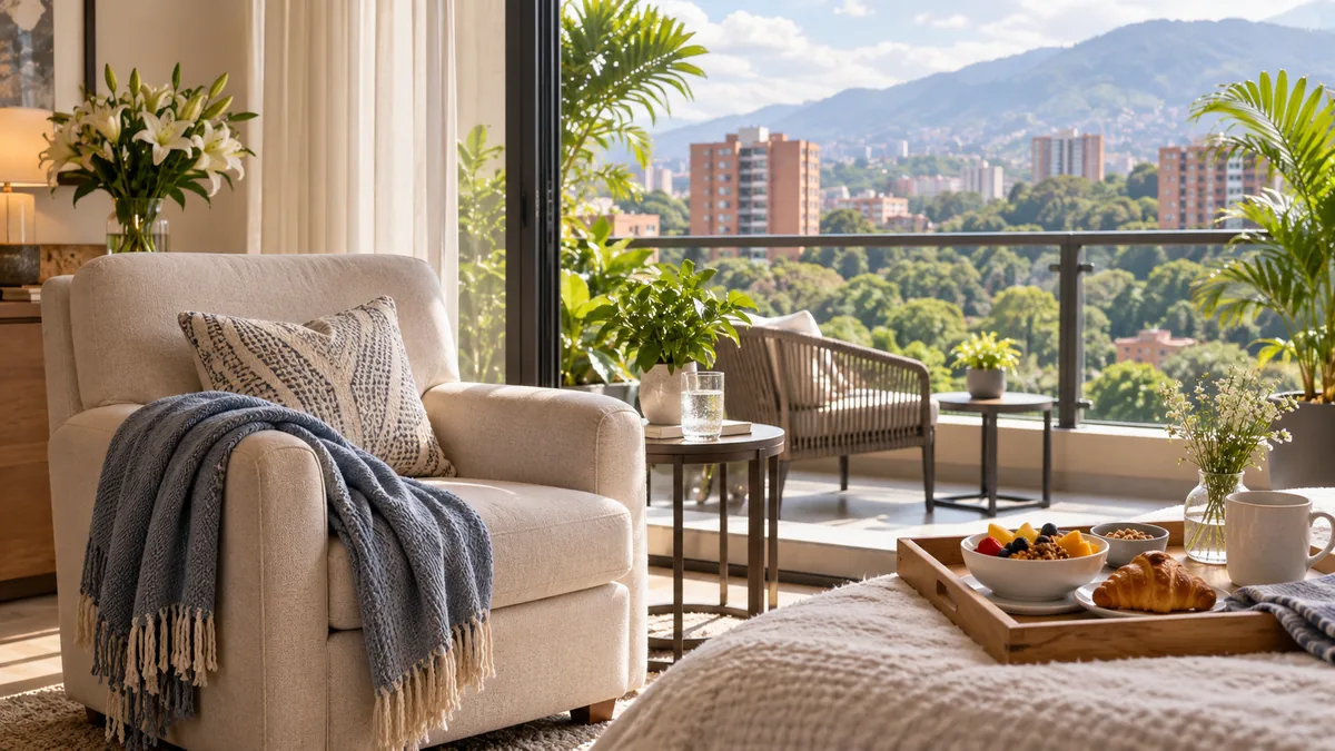 A bright apartment living room with a balcony overlooking Medellin, set up for a comfortable recovery stay